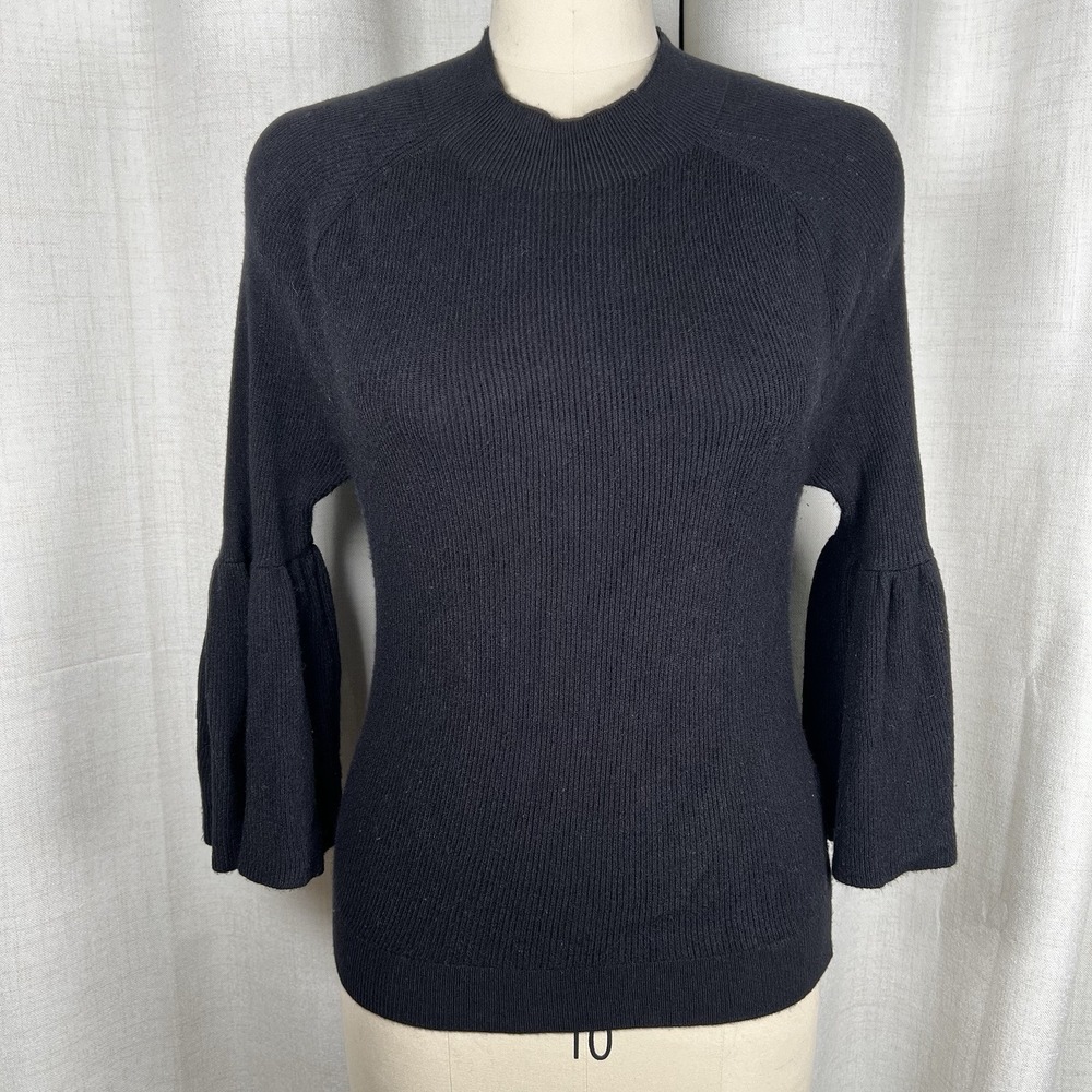 Maeve Anthropologie Modern Black Flute Pullover Sweater Bell Sleeves Ribbed Smal